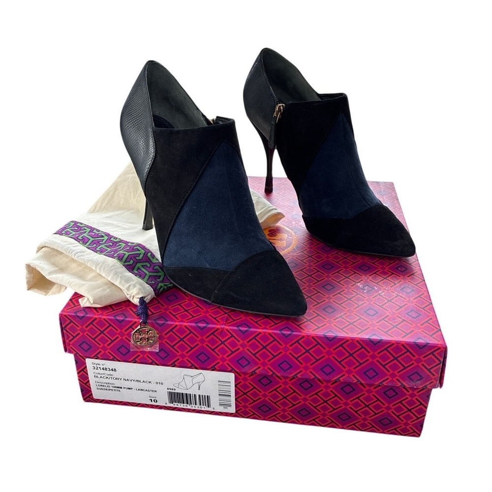 Tory Burch Black Suede Peep Toe Booties Ankle Heels Size 10M 4" Heel‎